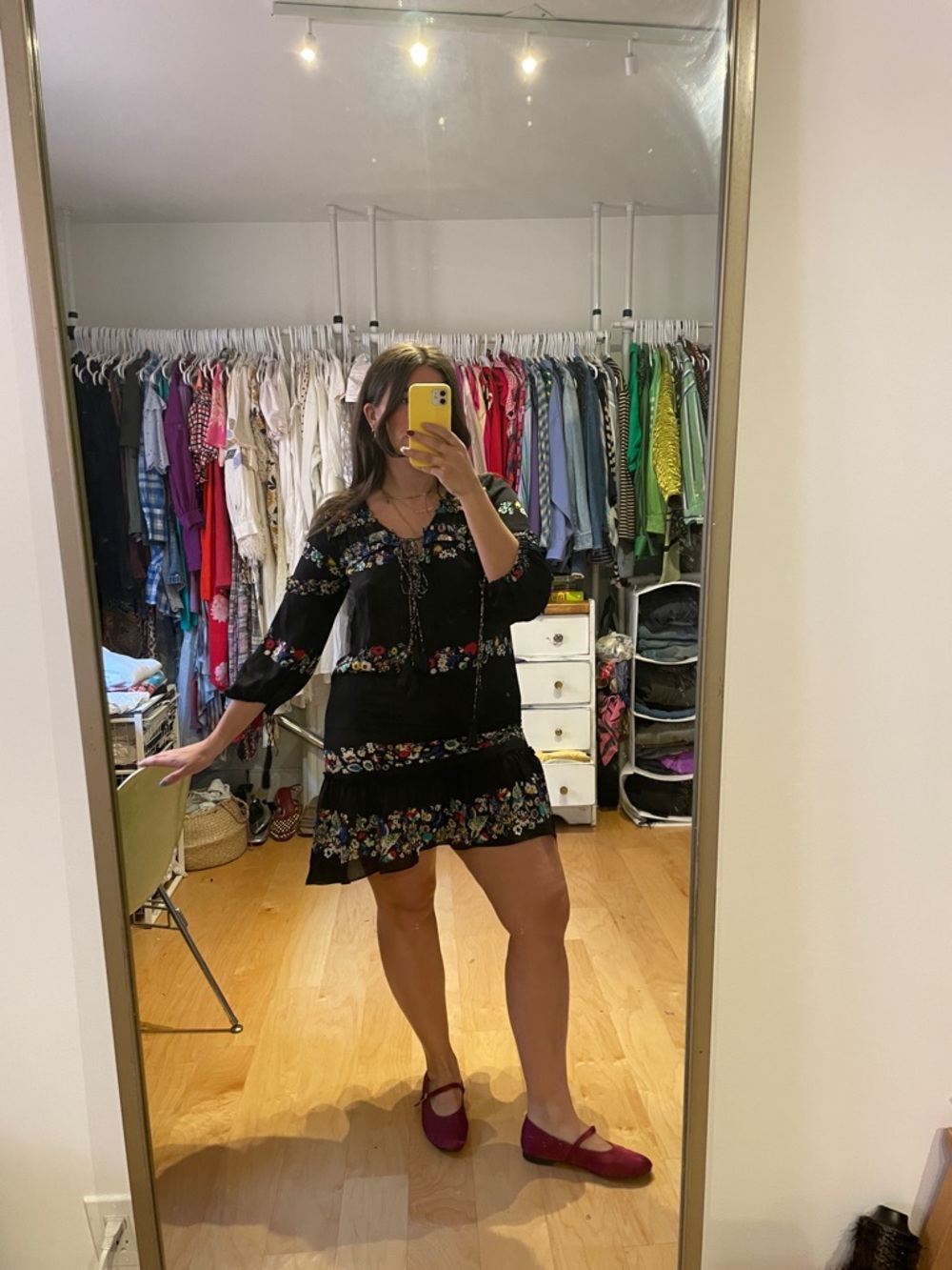 10 Crosby Derek Lam Black Mini Dress with Multicolor Floral Trim